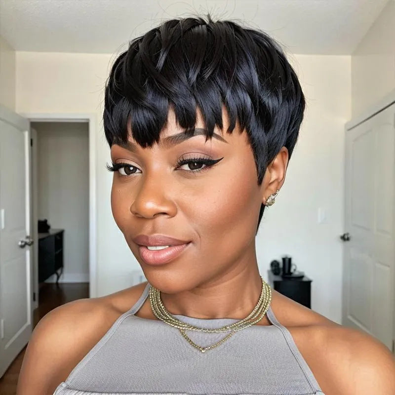 Ready-to-Wear Layered Pixie Cut Short Black Wig With Bangs 100% Human Hair Wigs