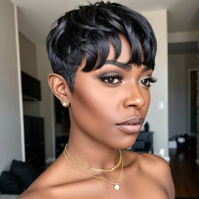 Ready-to-Wear Layered Pixie Cut Short Black Wig With Bangs 100% Human Hair Wigs