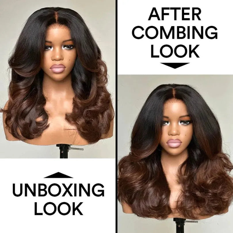 Easily Care I Part Human Hair Ombre Brown Layered Wave Wigs
