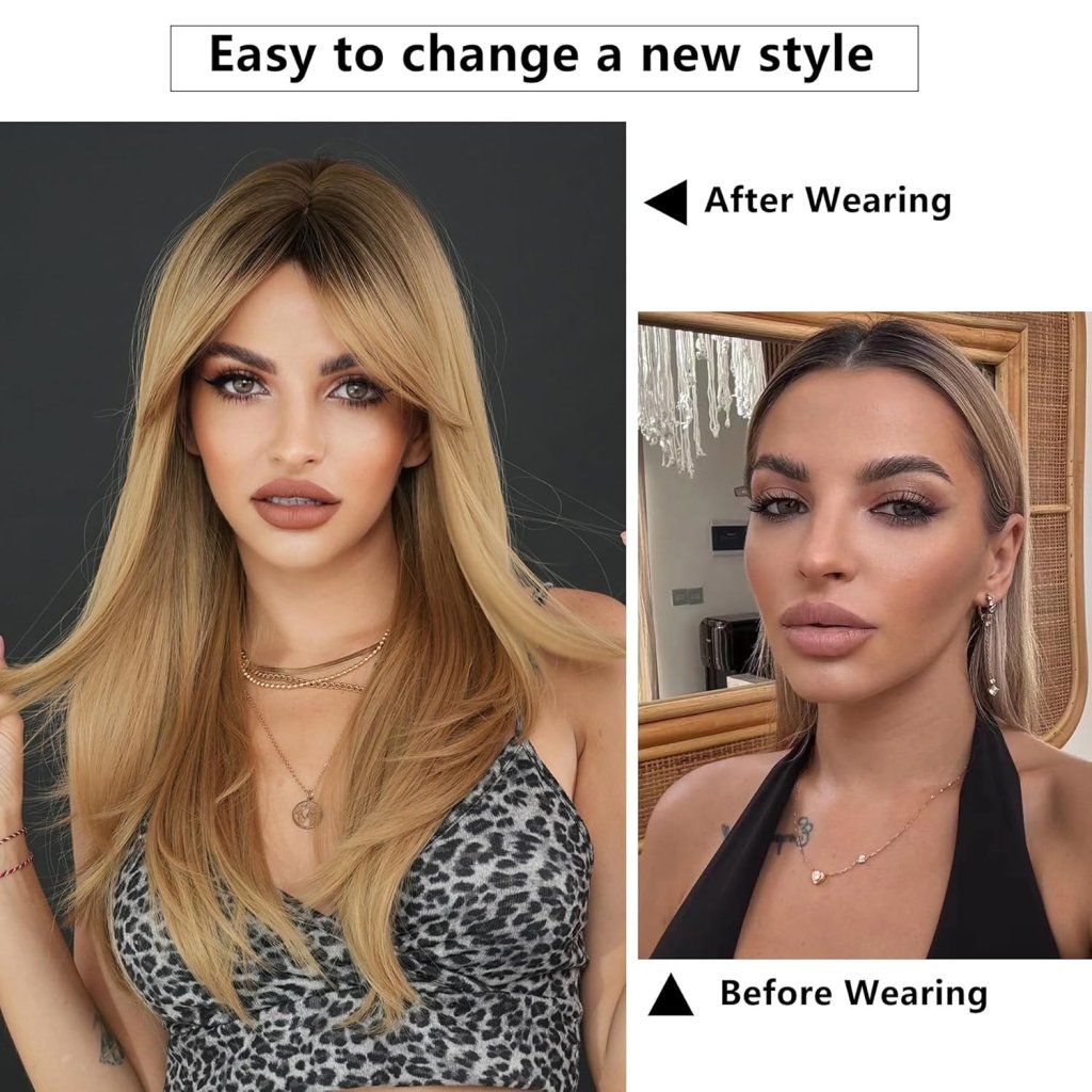 Honey Blonde Wig with Bangs Long Brown Wigs for Women Human Hair Wigs