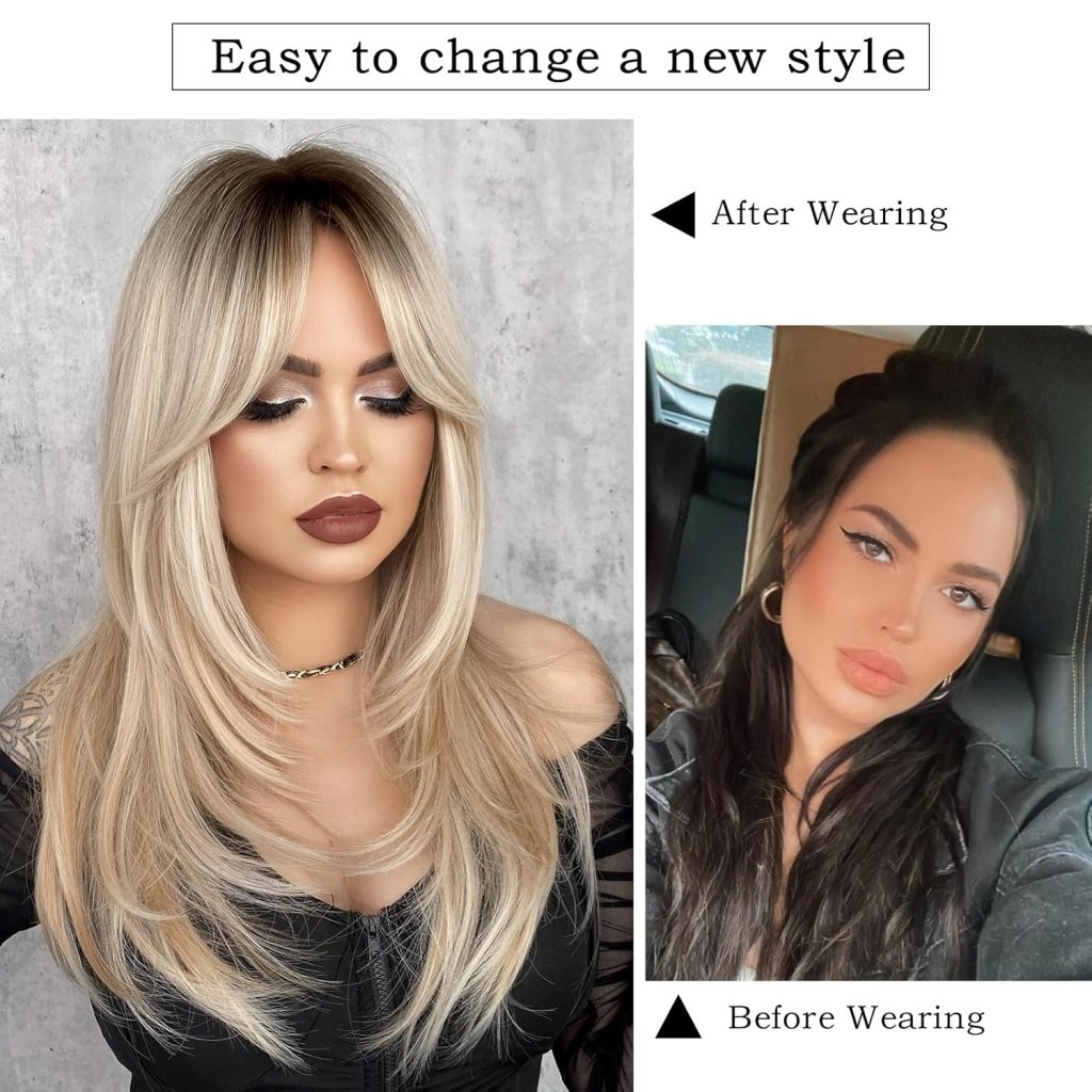 Honey Blonde Wig with Bangs Long Brown Wigs for Women Human Hair Wigs