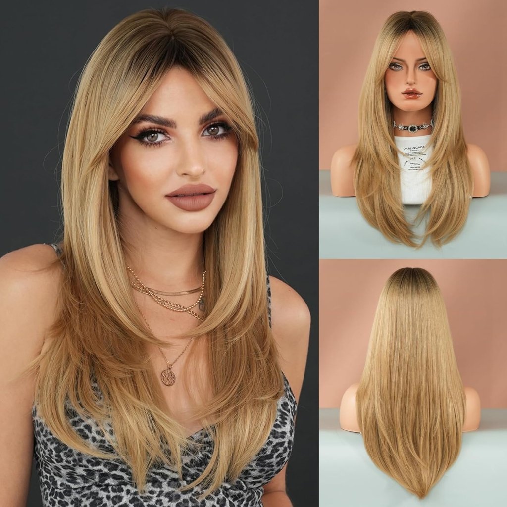 Honey Blonde Wig with Bangs Long Brown Wigs for Women Human Hair Wigs