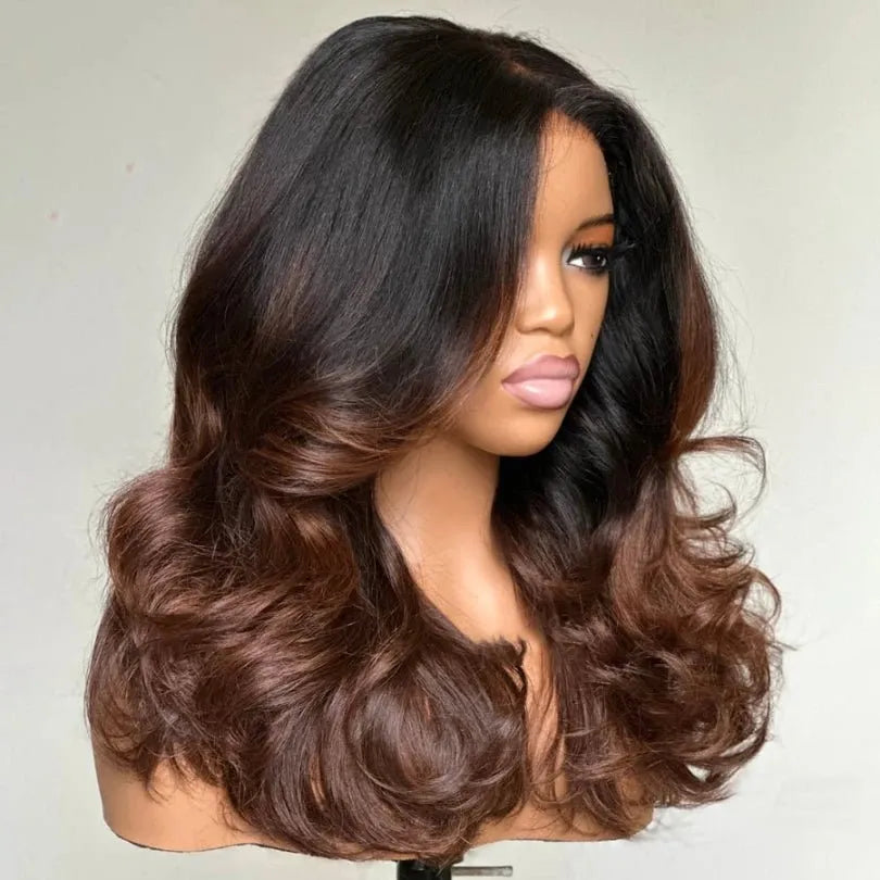 Easily Care I Part Human Hair Ombre Brown Layered Wave Wigs