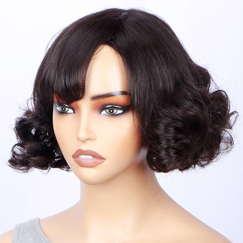 Vintage Style Short Loose Wave Bob Real Human Hair Weargo Silk Top Lace Wigs With Bangs For Women