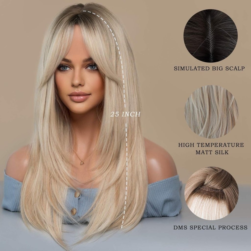 Honey Blonde Wig with Bangs Long Brown Wigs for Women Human Hair Wigs