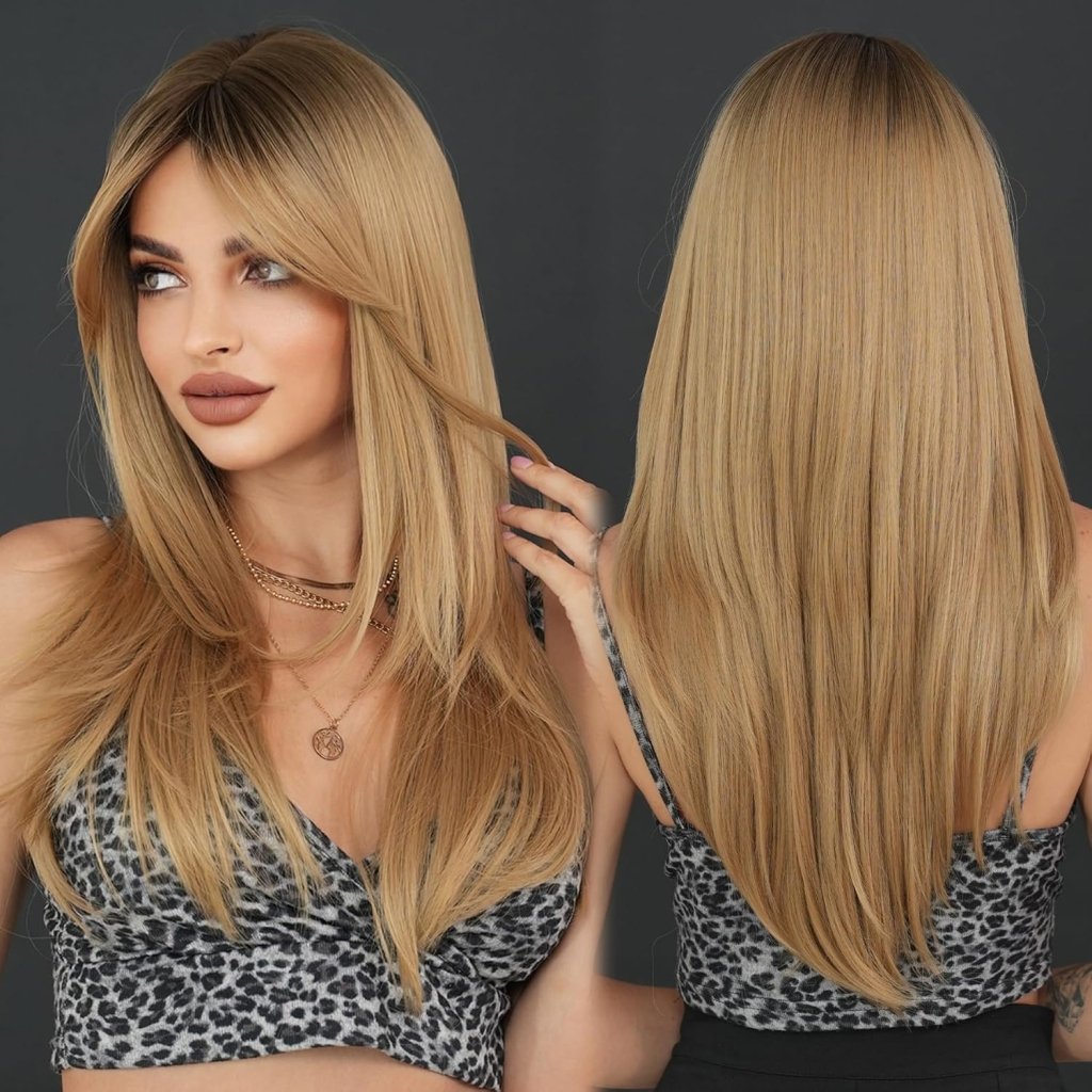Honey Blonde Wig with Bangs Long Brown Wigs for Women Human Hair Wigs