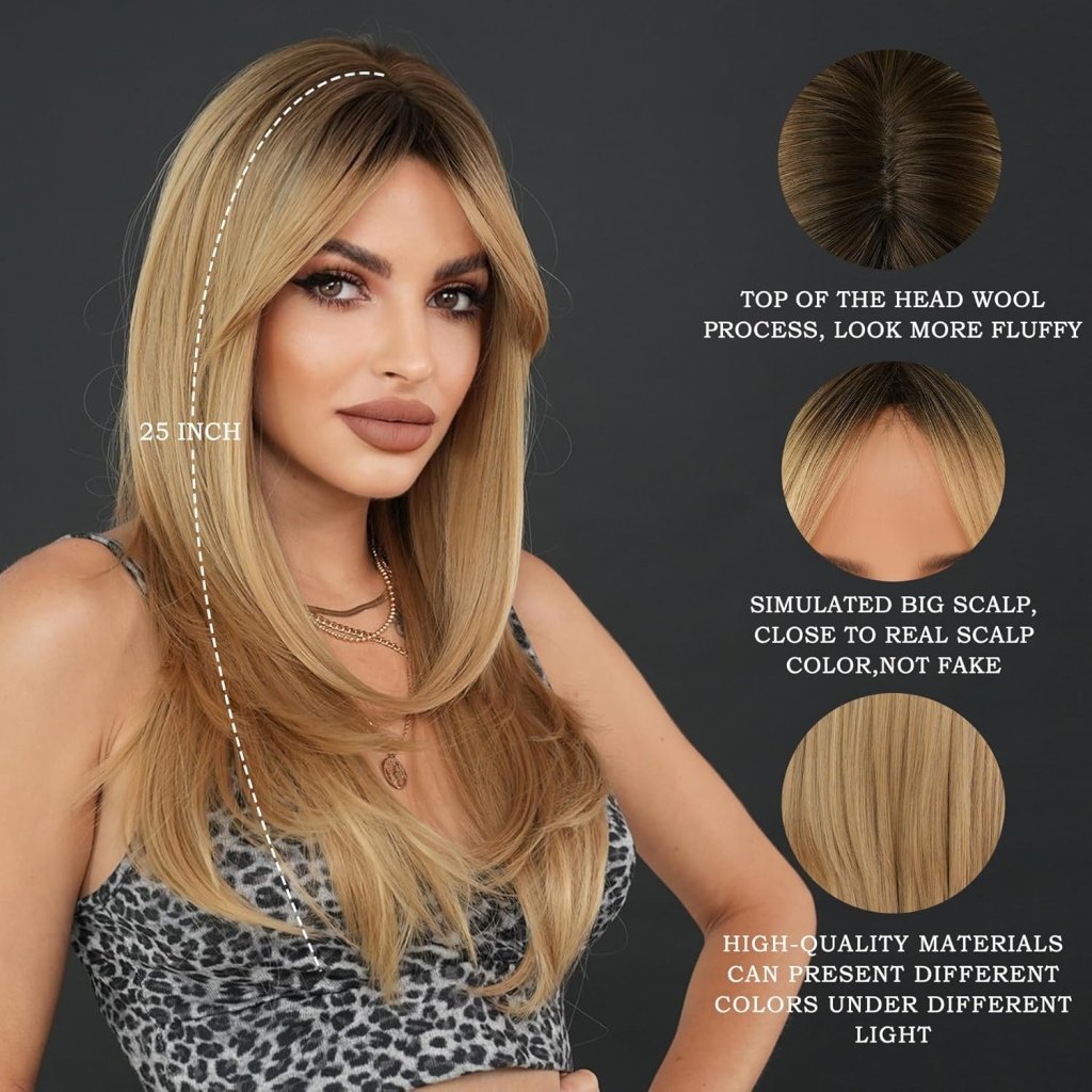 Honey Blonde Wig with Bangs Long Brown Wigs for Women Human Hair Wigs