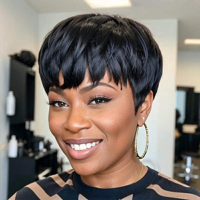 Ready-to-Wear Layered Pixie Cut Short Black Wig With Bangs 100% Human Hair Wigs