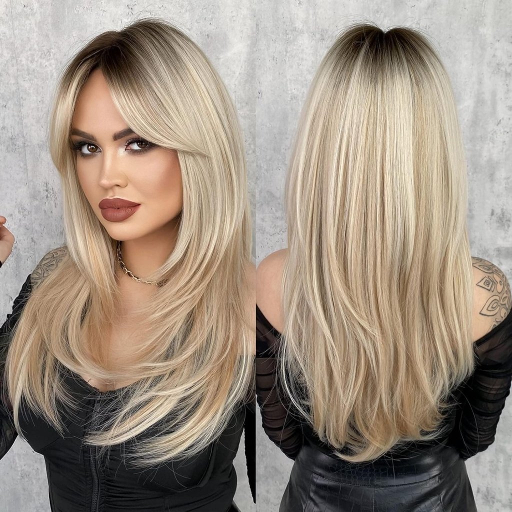 Honey Blonde Wig with Bangs Long Brown Wigs for Women Human Hair Wigs
