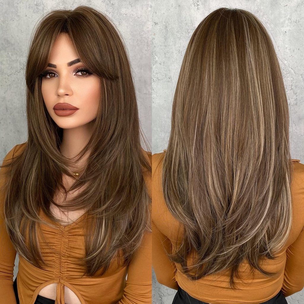 Honey Blonde Wig with Bangs Long Brown Wigs for Women Human Hair Wigs