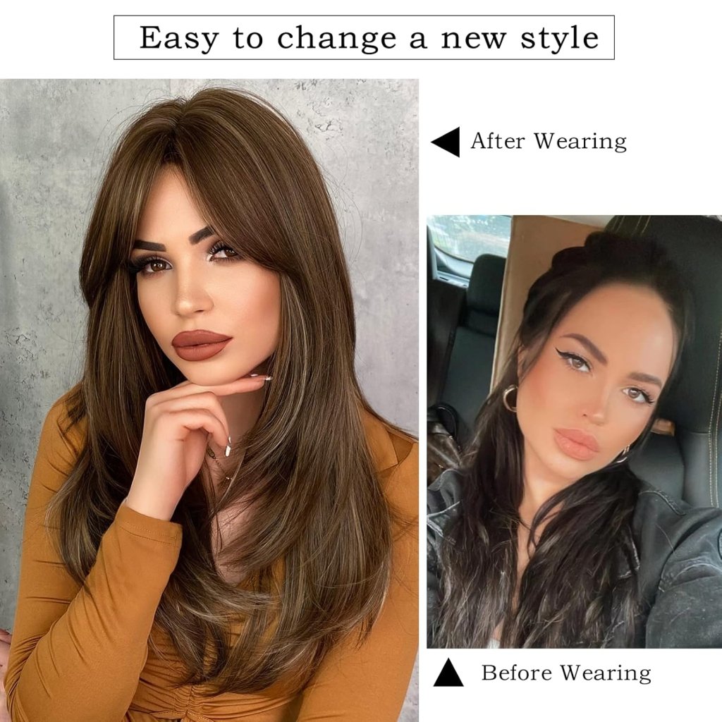 Honey Blonde Wig with Bangs Long Brown Wigs for Women Human Hair Wigs
