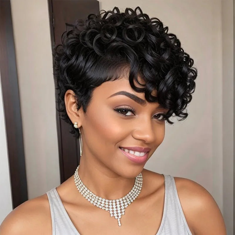 Short Natural Black Glueless Chic Curly Wig With Swept Bangs 100% Human Hair Wigs