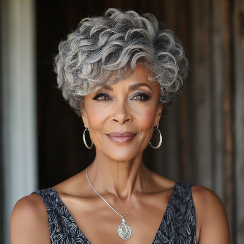 Short Tapered Pixie Haircuts Salt and Pepper Color Natural Wave Synthetics Hair Glueless Wigs for Older Women