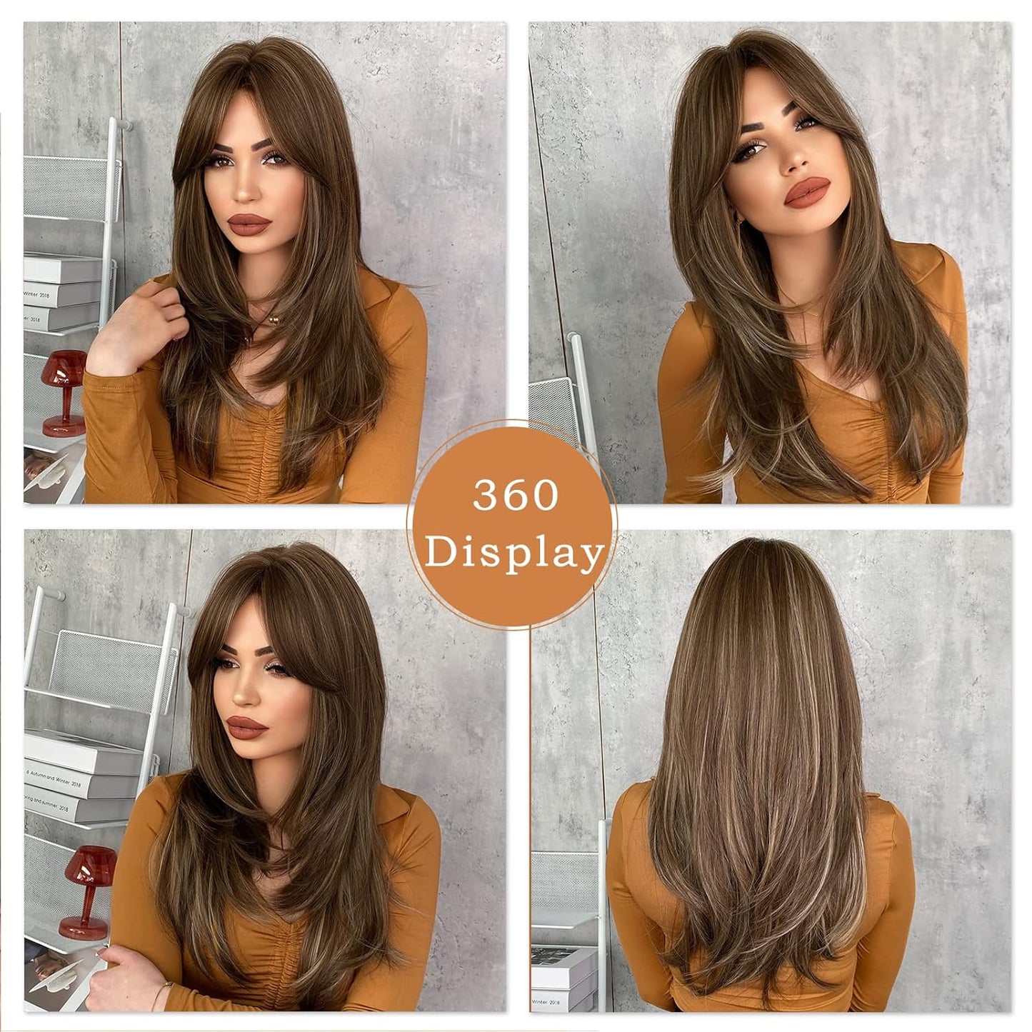 Honey Blonde Wig with Bangs Long Brown Wigs for Women Human Hair Wigs