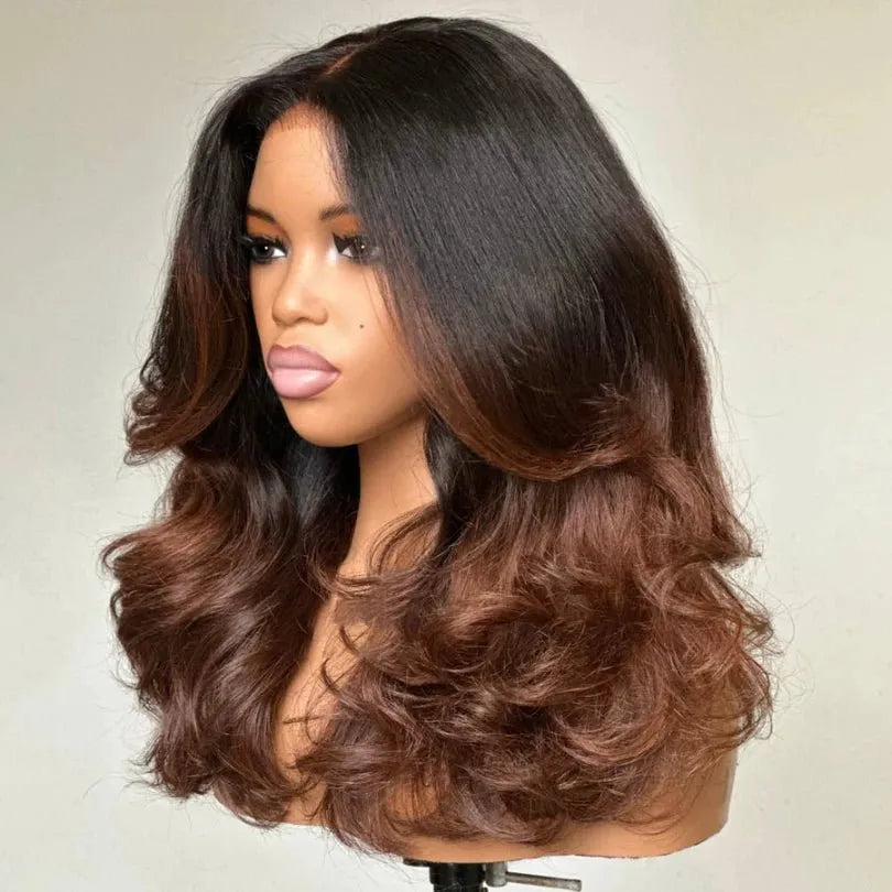 Easily Care I Part Human Hair Ombre Brown Layered Wave Wigs