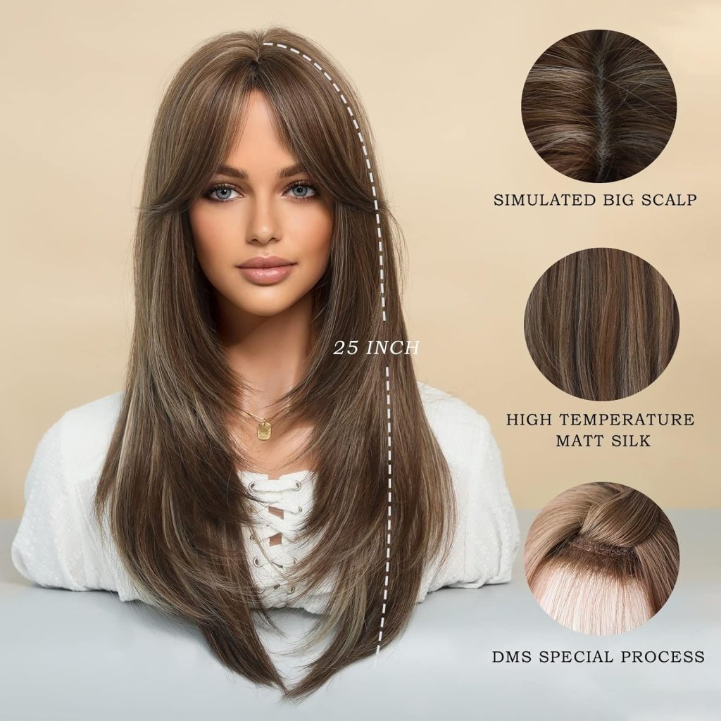 Honey Blonde Wig with Bangs Long Brown Wigs for Women Human Hair Wigs