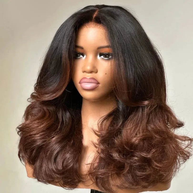 Easily Care I Part Human Hair Ombre Brown Layered Wave Wigs
