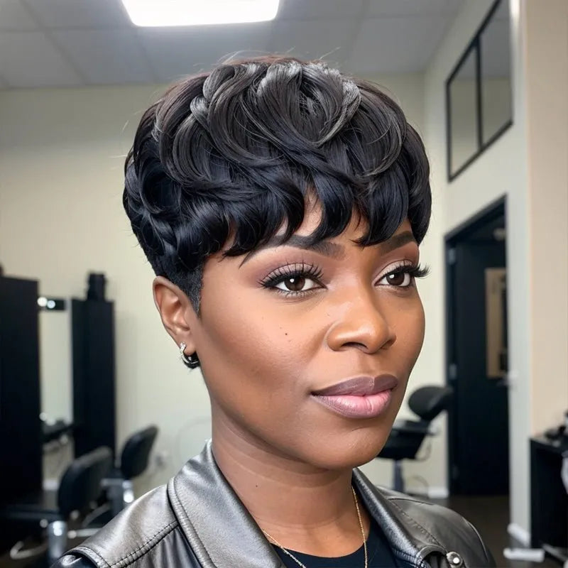 Ready-to-Wear Layered Pixie Cut Short Black Wig With Bangs 100% Human Hair Wigs
