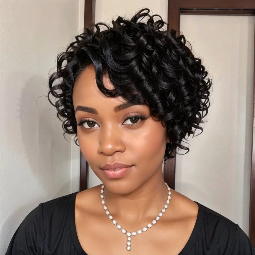 Short Natural Black Glueless Chic Curly Wig With Swept Bangs 100% Human Hair Wigs
