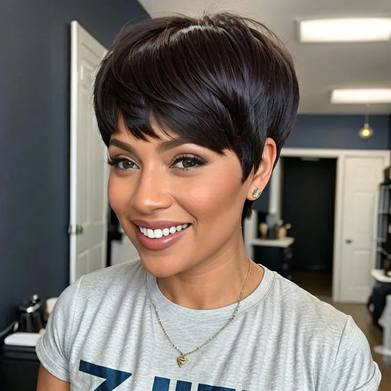Ready-to-Wear Layered Pixie Cut Short Black Wig With Bangs 100% Human Hair Wigs