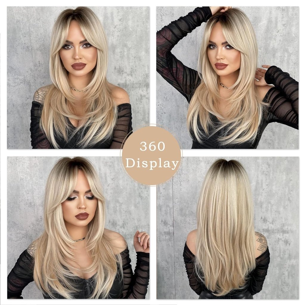 Honey Blonde Wig with Bangs Long Brown Wigs for Women Human Hair Wigs