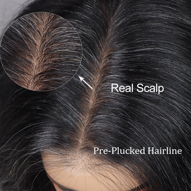Dark Salt And Pepper Full Lace Wigs Real Scalp Wig Silk Base Wig For Seniors Wavy Human Hair Wigs