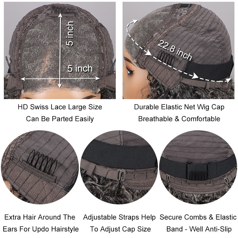 Seniors Salt And Pepper Wig Natural Grey Loose Wave Bob Real Human Hair Wear Go HD Lace Wigs For Mom