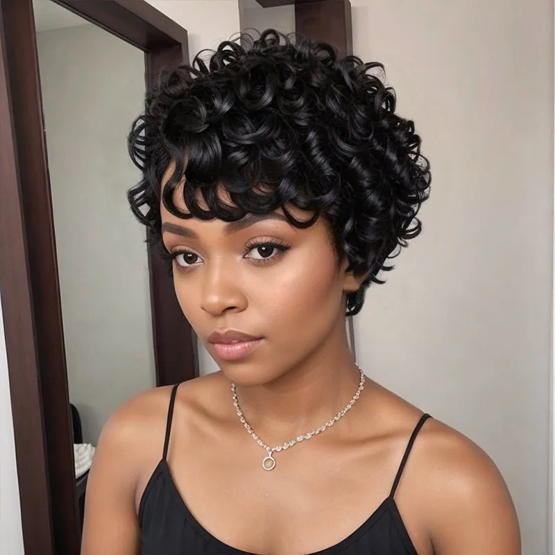 Short Natural Black Glueless Chic Curly Wig With Swept Bangs 100% Human Hair Wigs