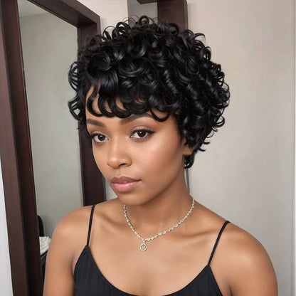 Short Natural Black Glueless Chic Curly Wig With Swept Bangs 100% Human Hair Wigs
