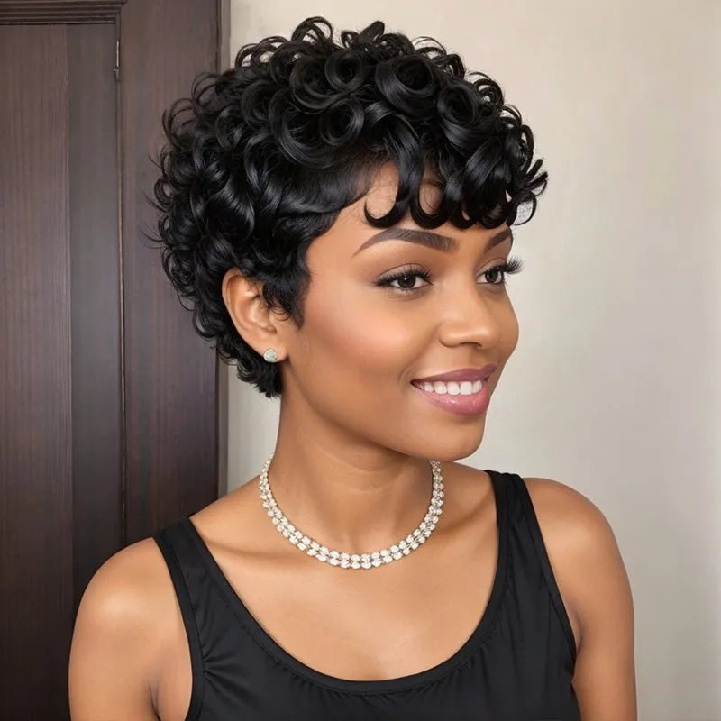Short Natural Black Glueless Chic Curly Wig With Swept Bangs 100% Human Hair Wigs