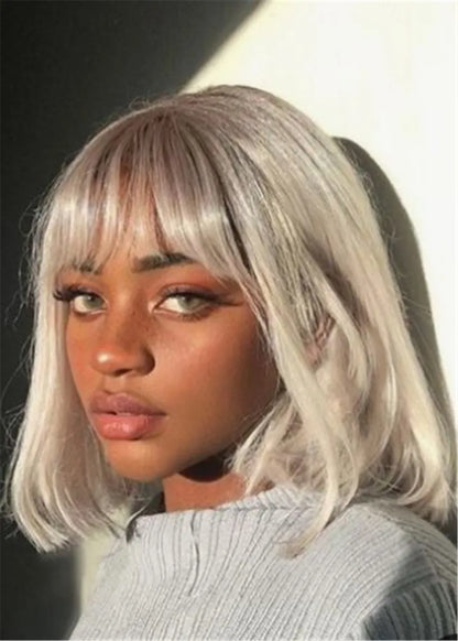 Grey Color Bob Straigjt Synthetic Hair With Bangs Wig 14 Inches