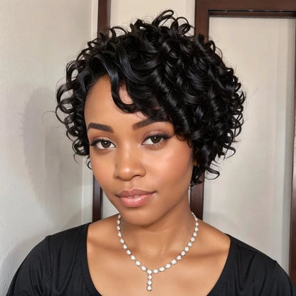 Short Natural Black Glueless Chic Curly Wig With Swept Bangs 100% Human Hair Wigs