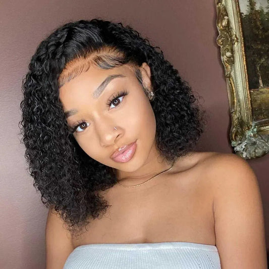 Short Bob Jerry Curly Human Hair  13x4 Transparent Lace Wig